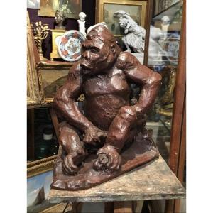 R. Godefroy - Sculpture Grand  Gorille En Terre Cuite