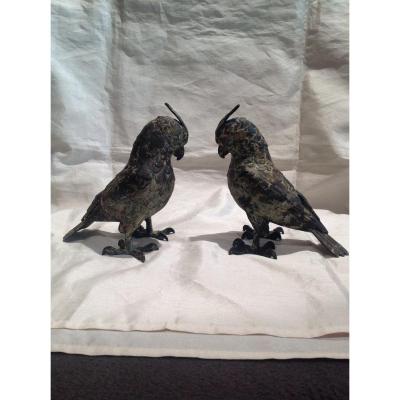 Japan - Pair Of Cast Iron Parakeets