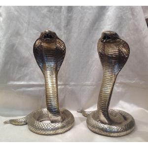 Paire De Serpents En Bronze Argenté 1900