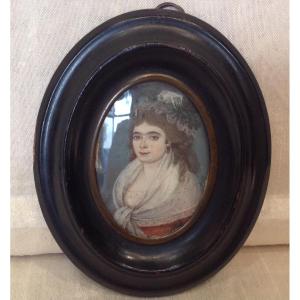 Miniature 19th - Portrait Of Woman With Headdress
