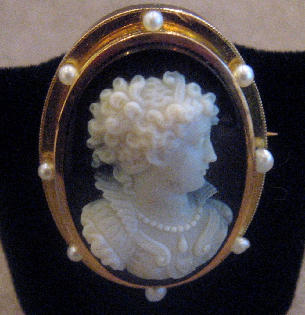 Broche Camée Onyx, Entourage Or Et Perles, 19ème Siècle-photo-1