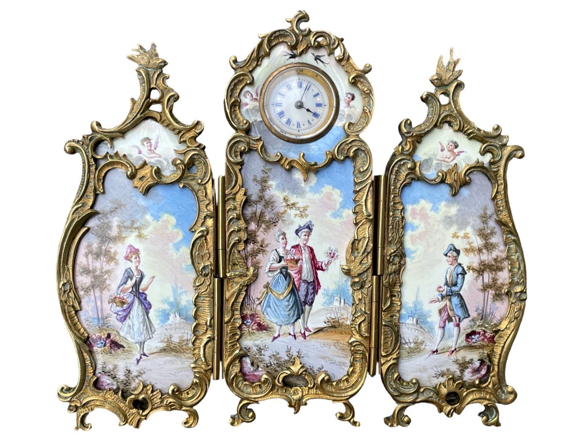 Vienna - Triptych Clock In Painted Enamel - Late 19th Century.-photo-2