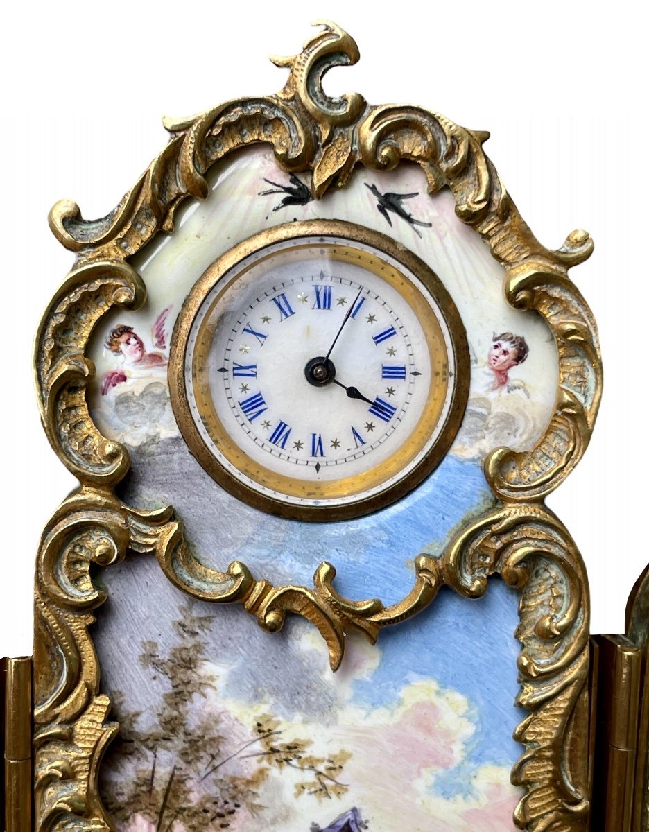 Vienna - Triptych Clock In Painted Enamel - Late 19th Century.-photo-3