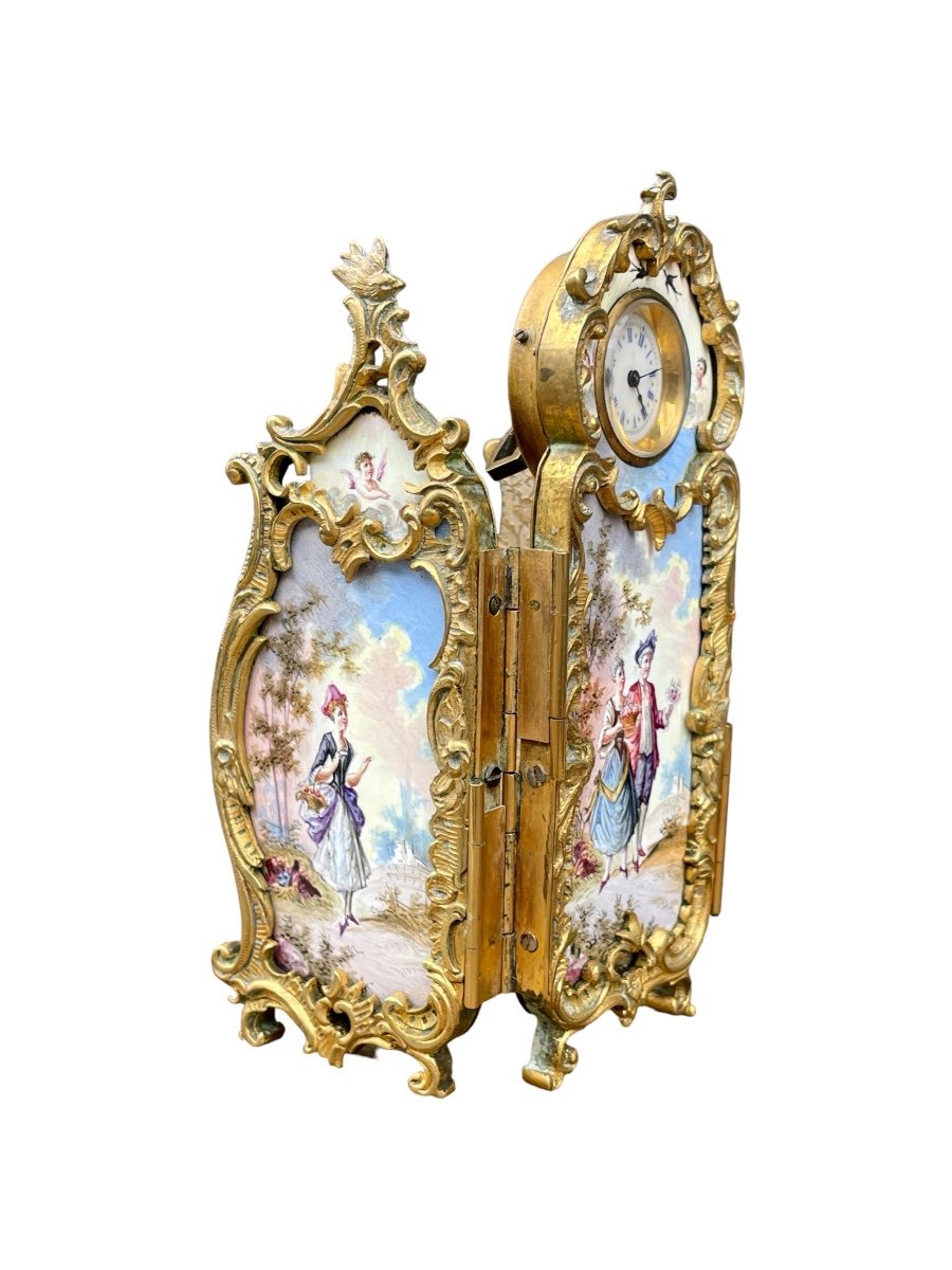 Vienna - Triptych Clock In Painted Enamel - Late 19th Century.-photo-8