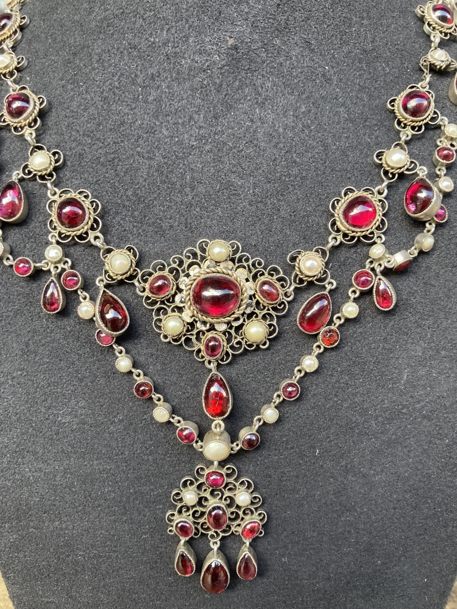 Collier Argent Perles Et Grenats XIXeme -photo-2