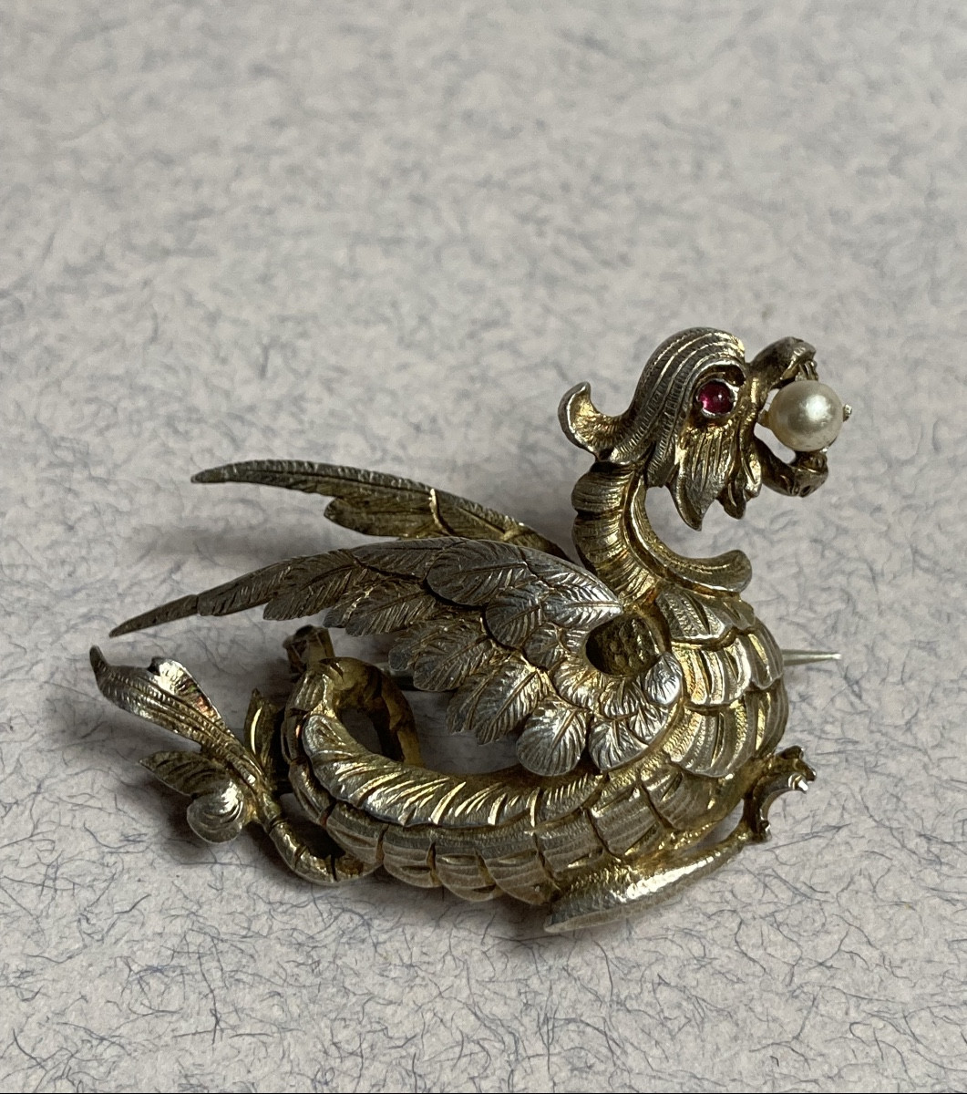 19th Century Silver And Pearl Chimera Brooch