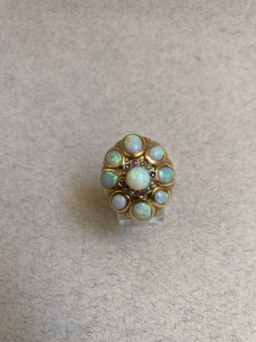 Gold Ring With Opals, Pearls And Rubies -photo-3