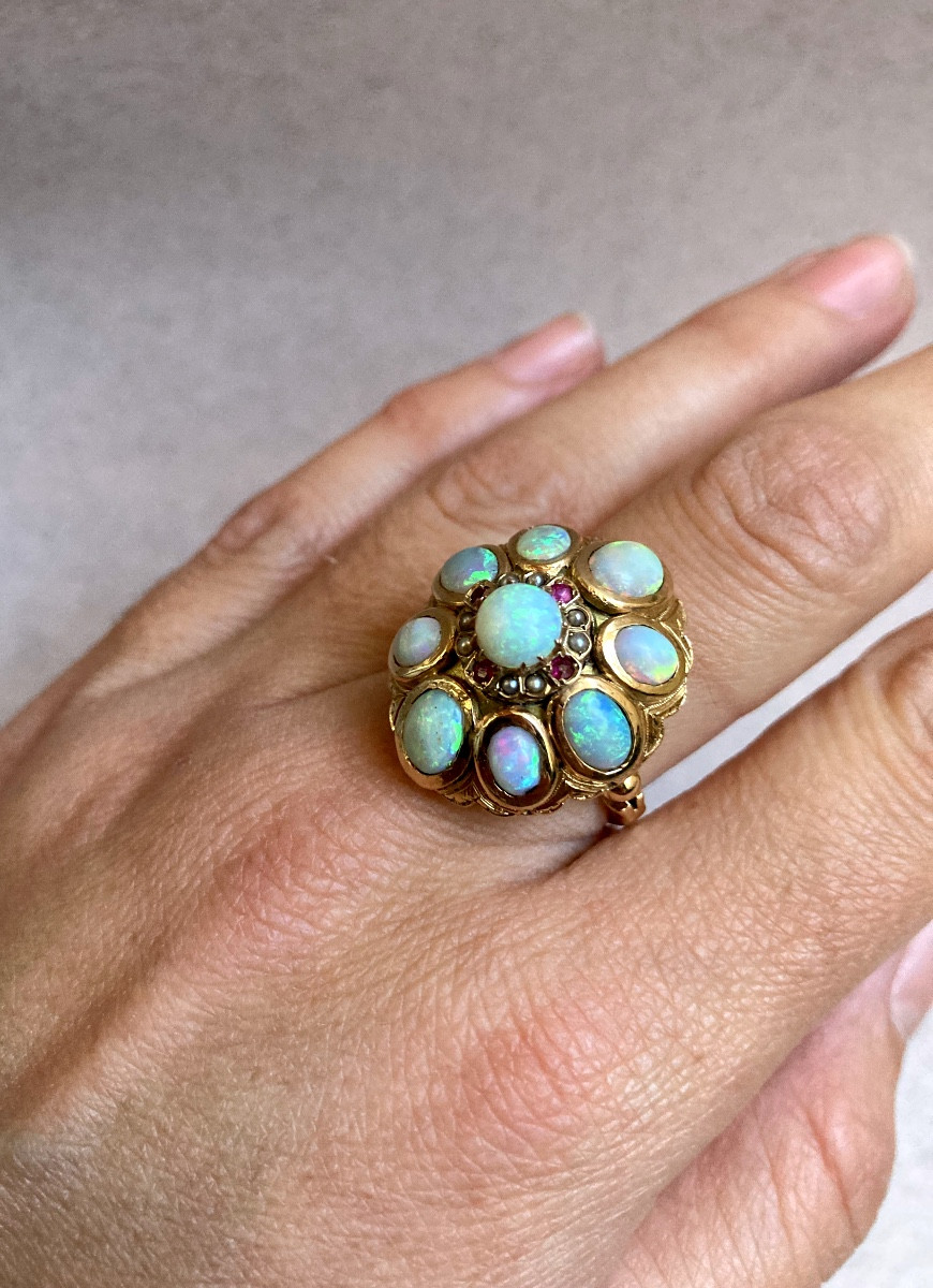 Gold Ring With Opals, Pearls And Rubies 
