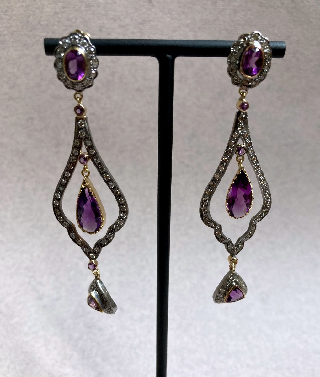 Gold, Silver, Diamond And Amethyst Earrings 