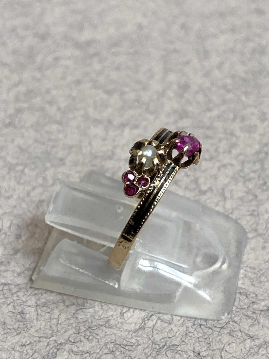 19th Century - Small Ring In Enameled Gold, Rubies And Semi-pearls-photo-2
