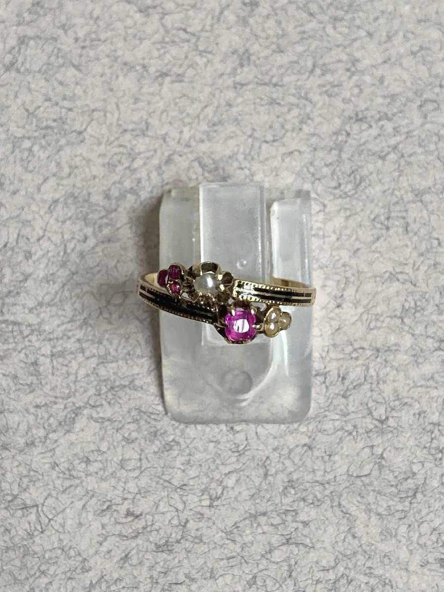 19th Century - Small Ring In Enameled Gold, Rubies And Semi-pearls-photo-3