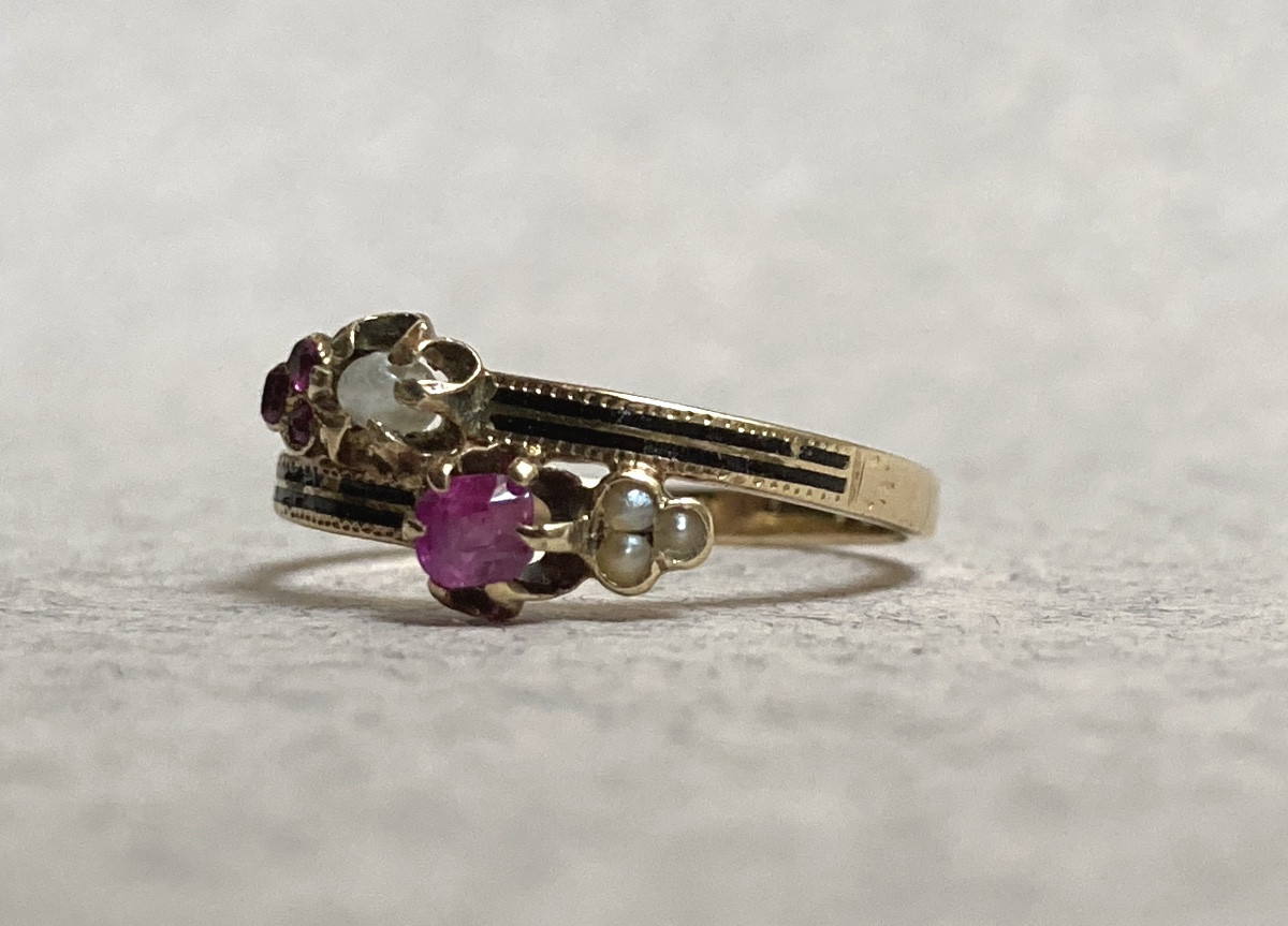 19th Century - Small Ring In Enameled Gold, Rubies And Semi-pearls-photo-4