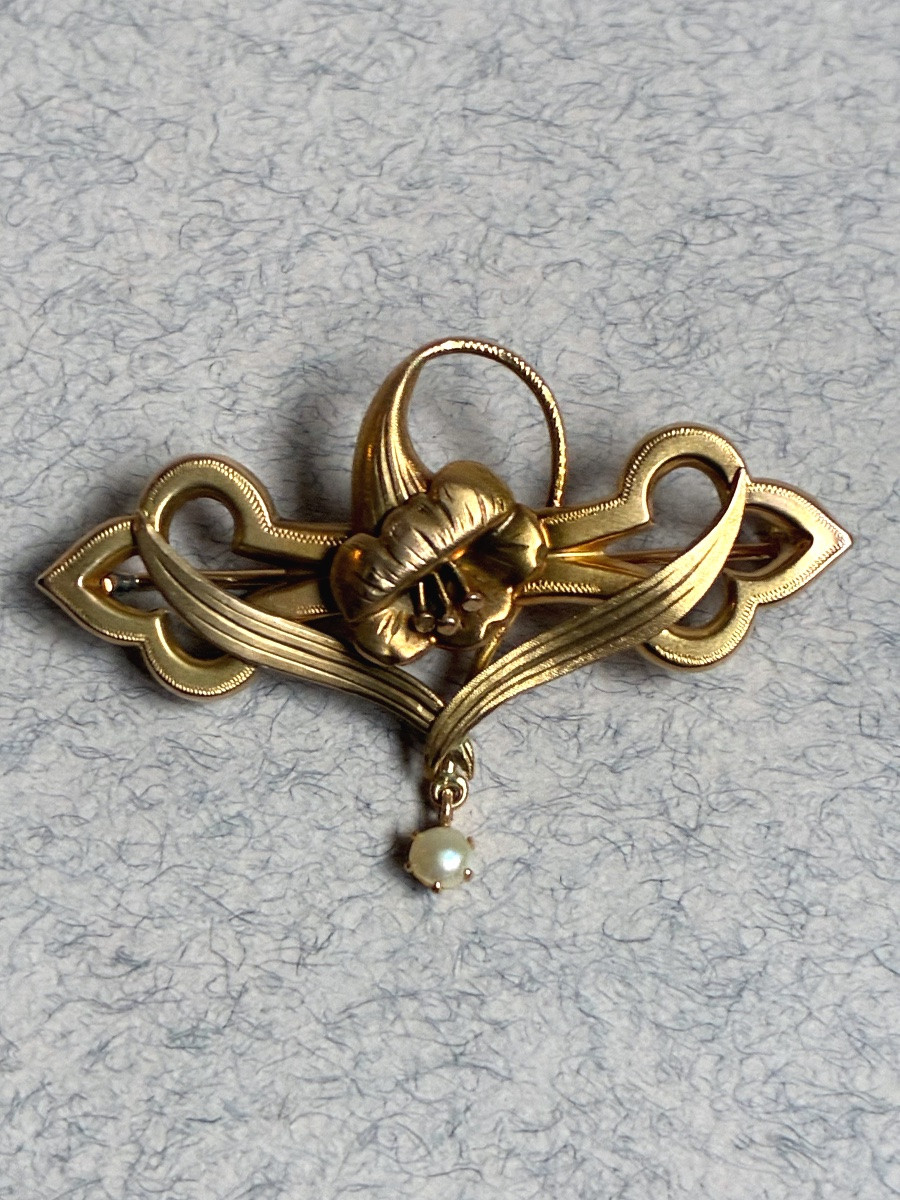 Art Nouveau - Gold And Pearl Brooch-photo-2