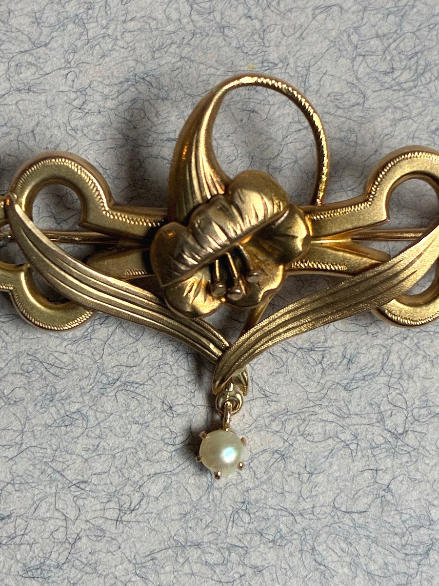 Art Nouveau - Gold And Pearl Brooch-photo-3