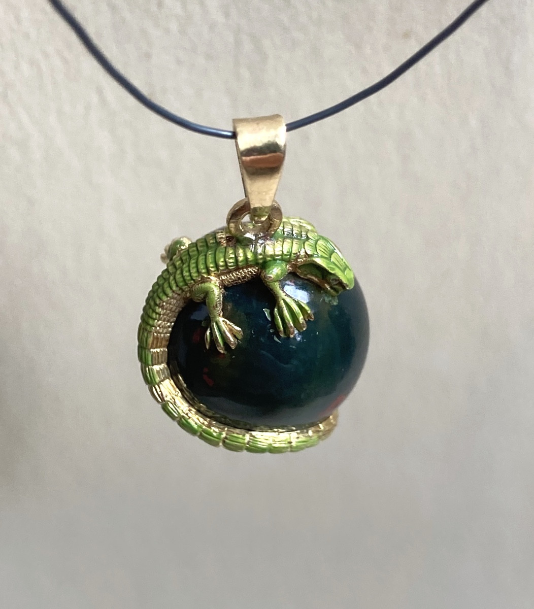Enamelled Gold Lizard Pendant With Blood Jasper Ball