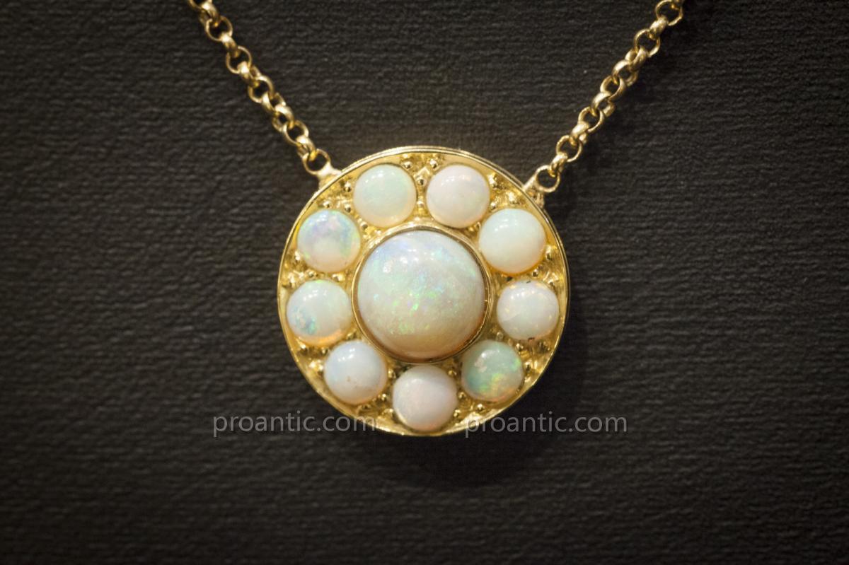 Yellow Gold Necklace, Yellow Gold Pendant Set With Opals-photo-2