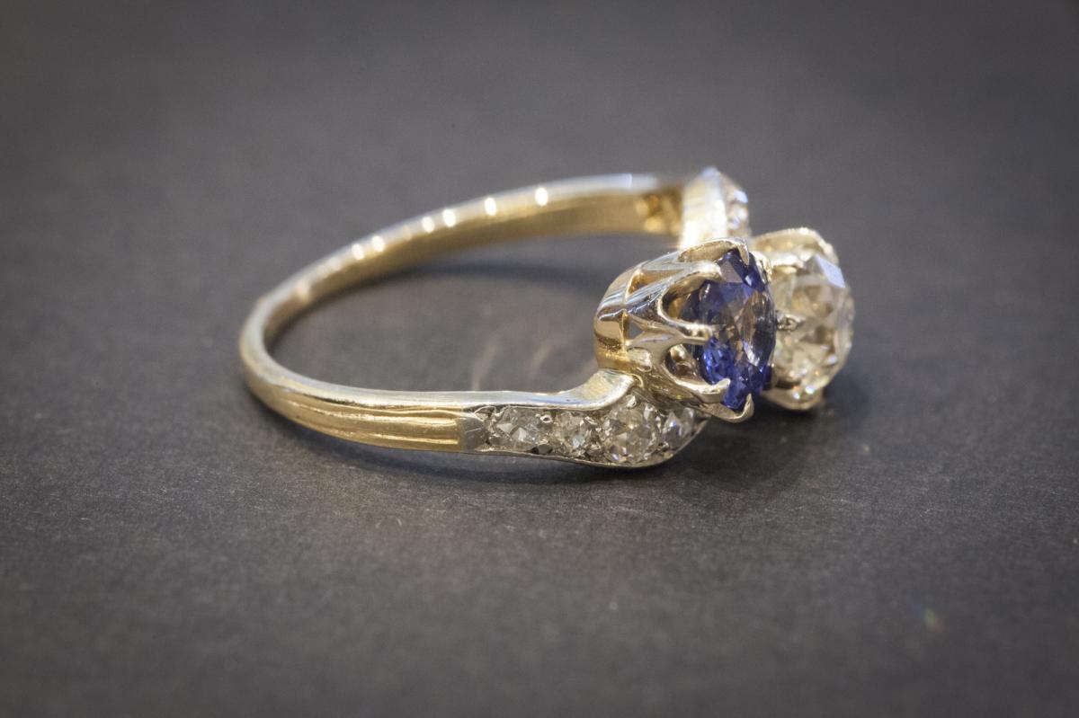 Ancient Ring "you And Me" In Gold, Sapphire And Diamonds-photo-3