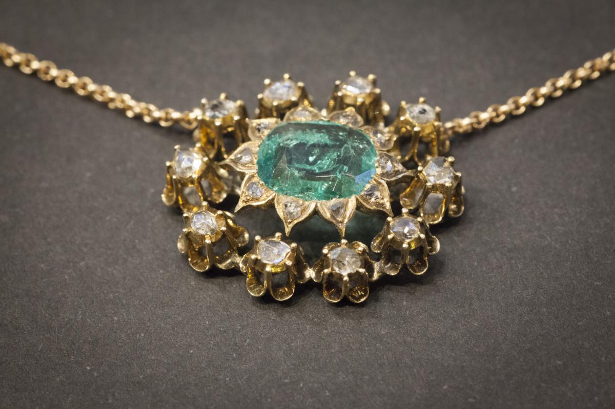 Necklace In Pink Gold, Emerald And Diamonds, XIXth Century-photo-4