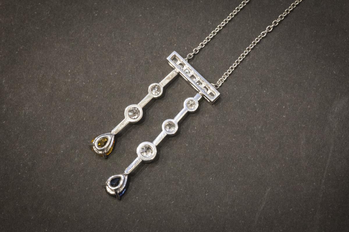 Necklace "neglected" Vintage In White Gold, Sapphires And Diamonds,-photo-3