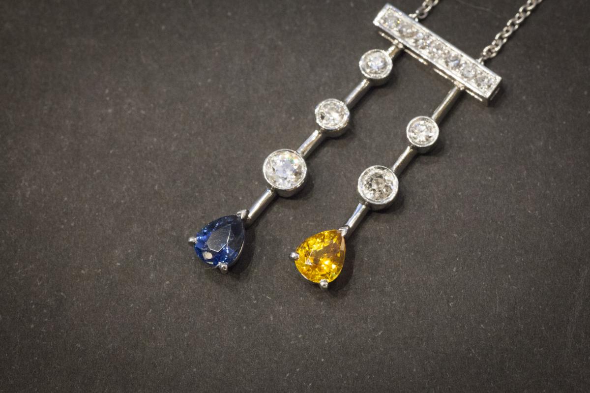 Necklace "neglected" Vintage In White Gold, Sapphires And Diamonds,-photo-4