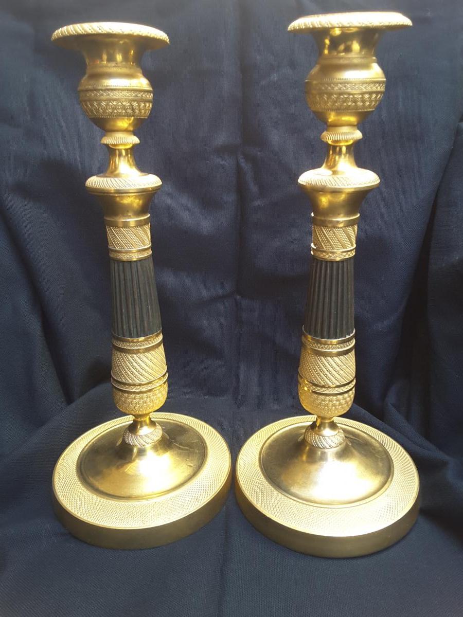 Pair Of Candlesticks Gilt Bronze Double Patinas