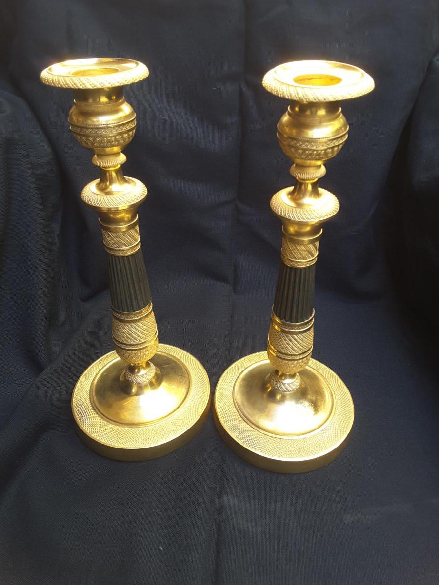 Pair Of Candlesticks Gilt Bronze Double Patinas-photo-2