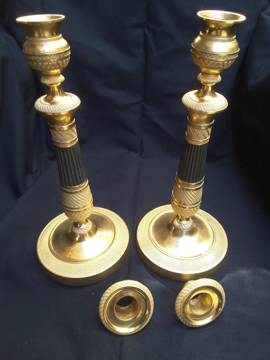 Pair Of Candlesticks Gilt Bronze Double Patinas-photo-3