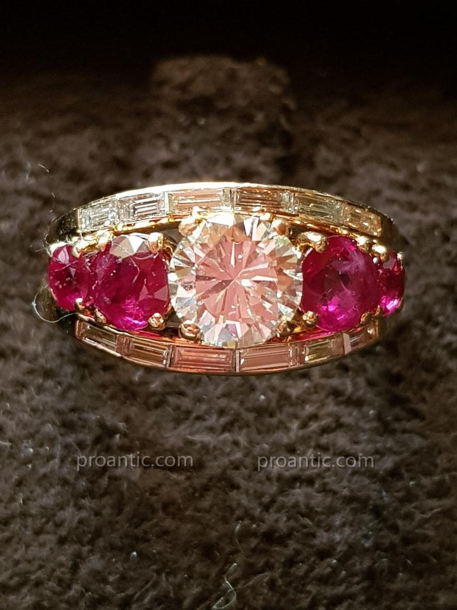 Bague Dôme Or Rose 18K Diamants & Rubis - Style Vintage Années 1950