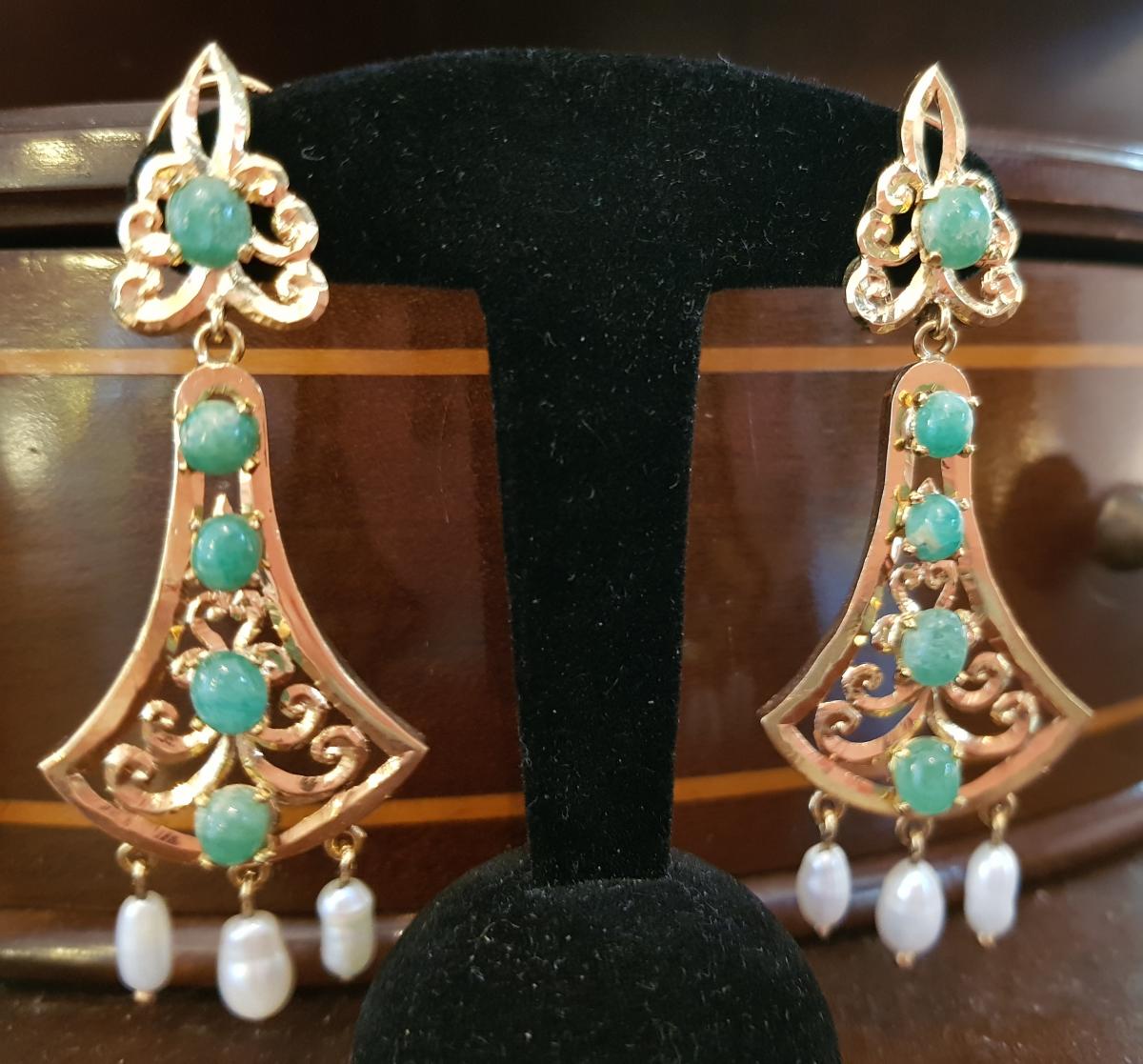 Paire de Boucles d'Oreille Pendantes en Or, Jadéite et Perles Baroques