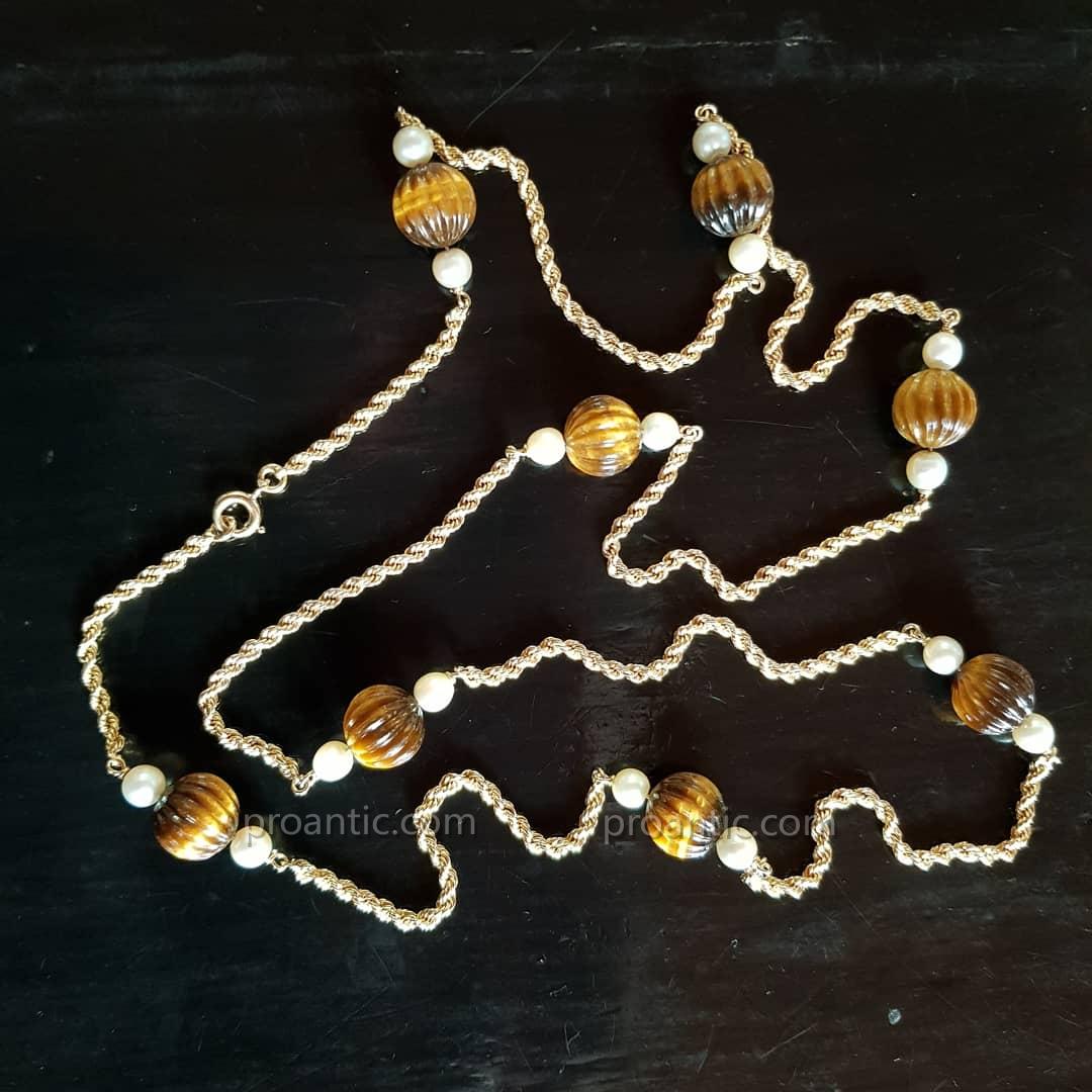 Large Gold Necklace, Tiger Eye And Cultured Pearls-photo-2