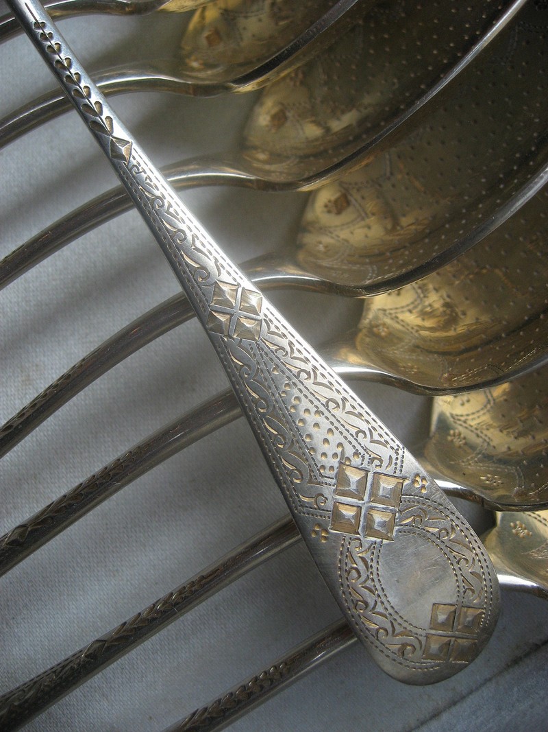 Service From 12 Teaspoons, Silver And Vermeil Engraved On Both Sides-photo-1