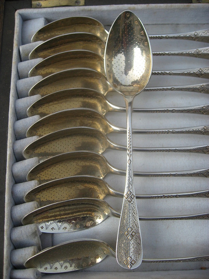 Service From 12 Teaspoons, Silver And Vermeil Engraved On Both Sides-photo-4