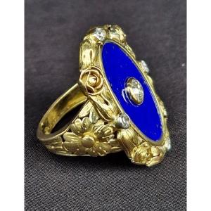 Art Nouveau Ring In Gold And Diamonds, Lapis Lazuli