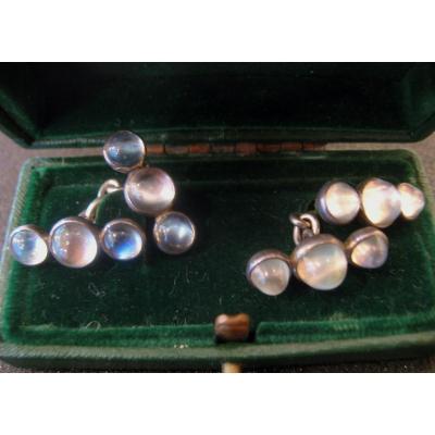 Pair Of Cufflinks Silver & Moon Stones 