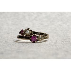 19th Century - Small Ring In Enameled Gold, Rubies And Semi-pearls