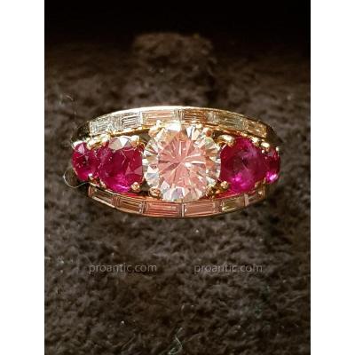 Bague Diamants et Rubis Sertis sur Or Rose 