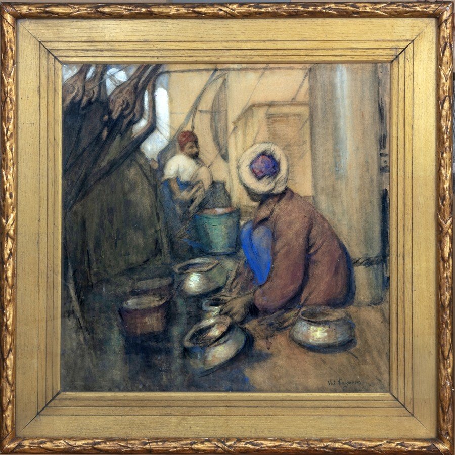 Victor Hageman (1868 -1938) Scouring On Board. Gouache And Charcoal On Paper Mounted On Canvas
