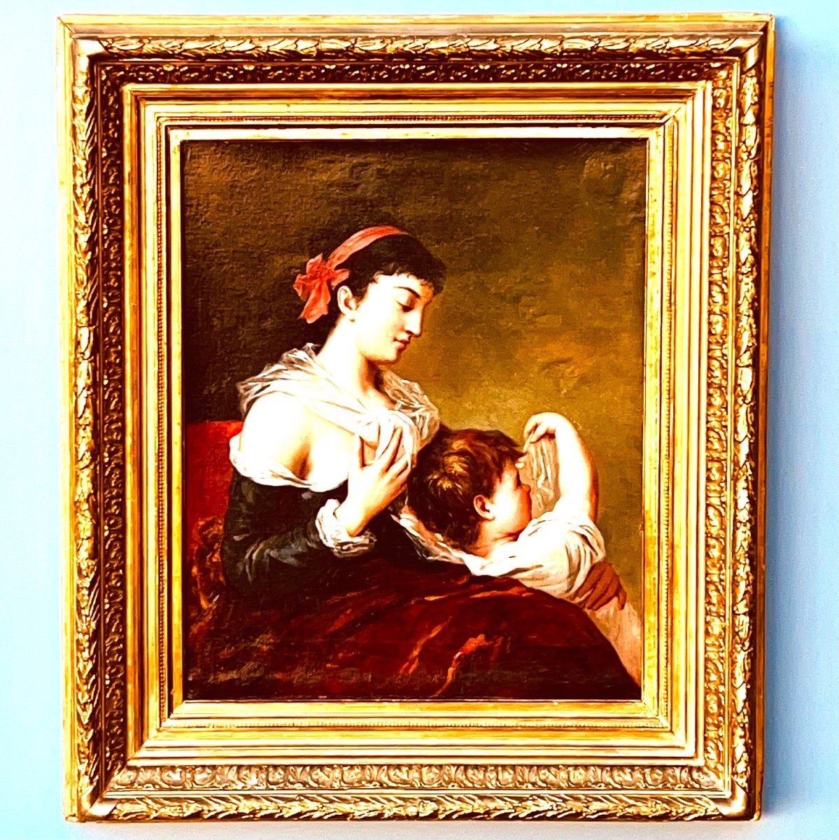 Femme Et Enfant XIX Eme Huile Sur Toile 