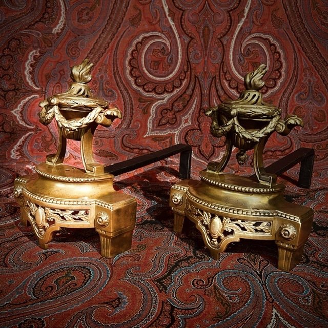 Pair Andirons Decor Louis XVI Bronze Fire Pots-photo-2