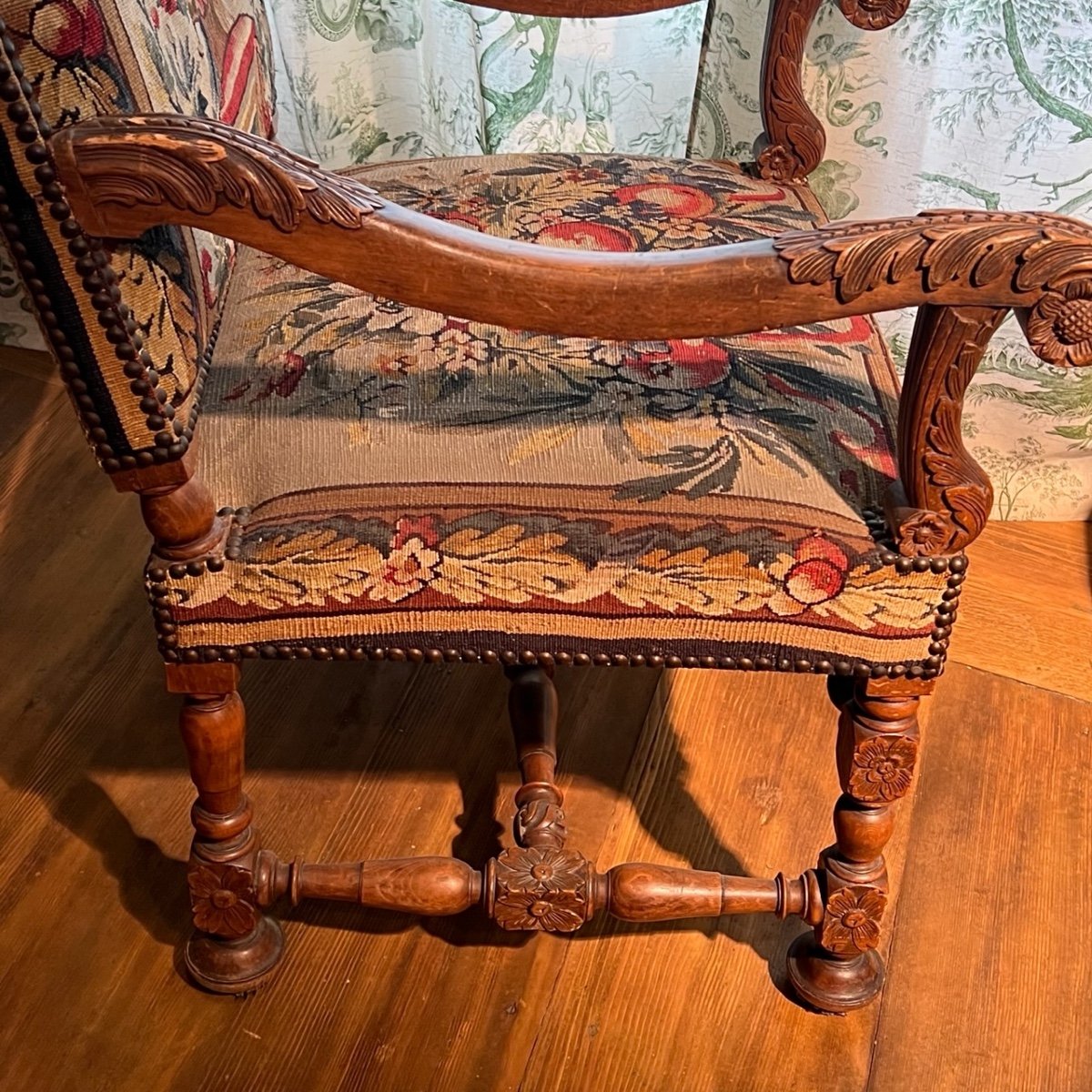 Armchair Louis XIII Tapestry With Peacock And Basket Of Flowers-photo-1