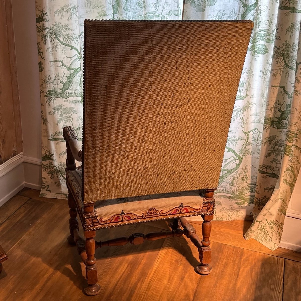 Armchair Louis XIII Tapestry With Peacock And Basket Of Flowers-photo-2