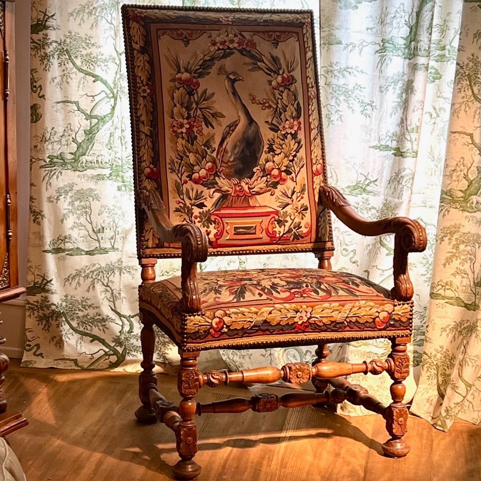 Armchair Louis XIII Tapestry With Peacock And Basket Of Flowers