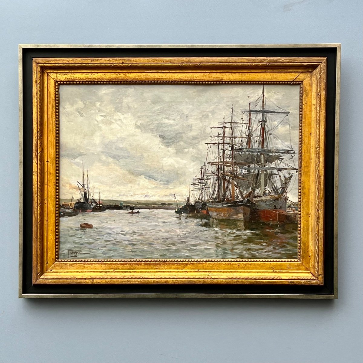 Boats In Port Canvas Signed Edmond Marie Petitjean