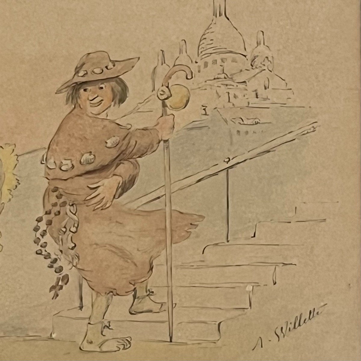 Willette Adolphe (1857-1926) Sujet Coquin à Montmartre Le Moulin De La Galette En Fond-photo-1