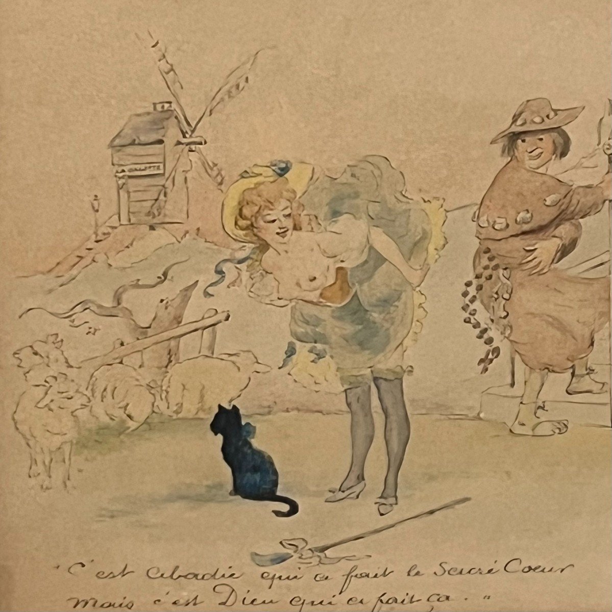 Willette Adolphe (1857-1926) Sujet Coquin à Montmartre Le Moulin De La Galette En Fond