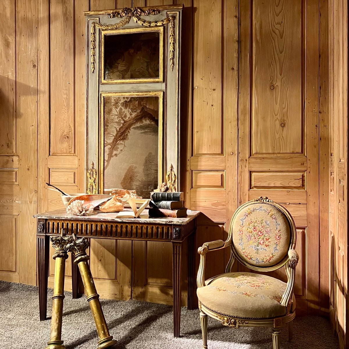 Louis XVI Trumeau Mirror Golden Wood-photo-3