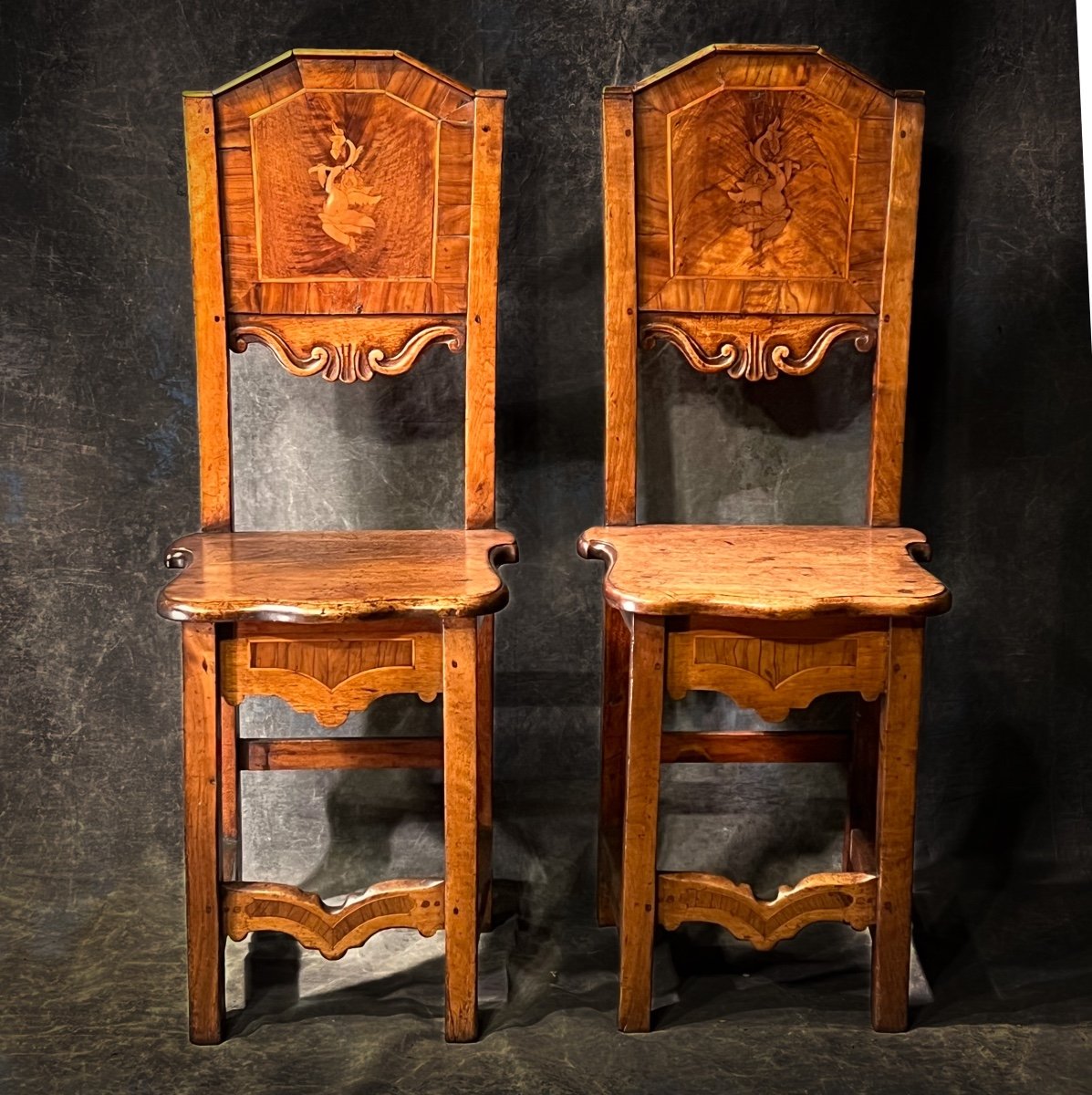 Paire De Chaises Italie XVII ème Noyer Et Marqueterie -photo-4