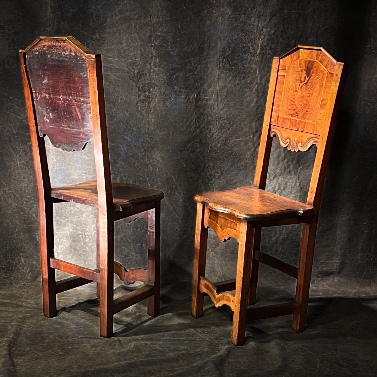 Paire De Chaises Italie XVII ème Noyer Et Marqueterie -photo-5