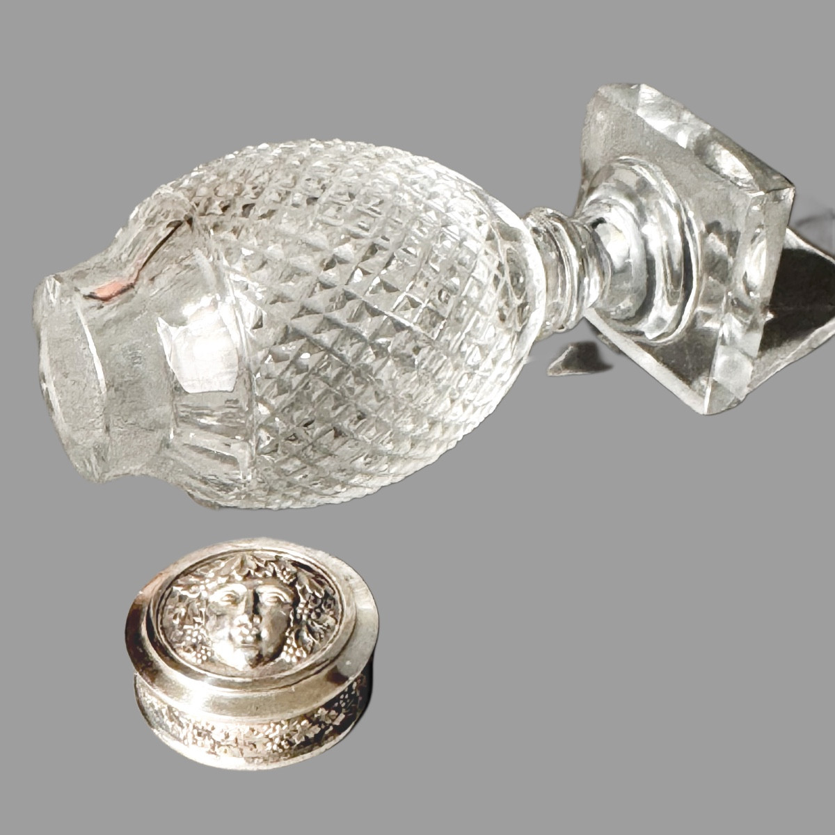 Silver Stopper Bottle With Head Of Dionysus And Vine Theme.-photo-3