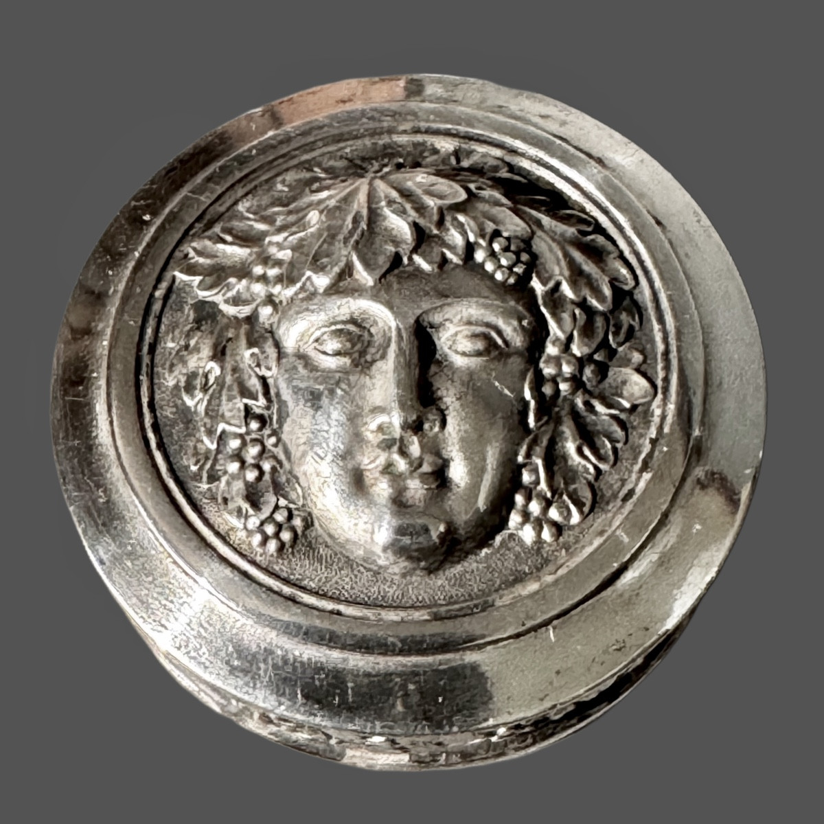 Silver Stopper Bottle With Head Of Dionysus And Vine Theme.-photo-4